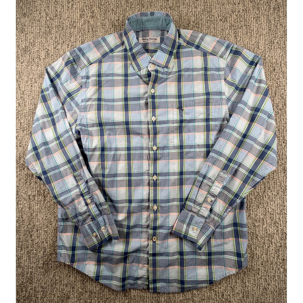 Tommy Bahama Button Down Mens Medium Blue Plaid Newport Coast Pima Cotton L/S